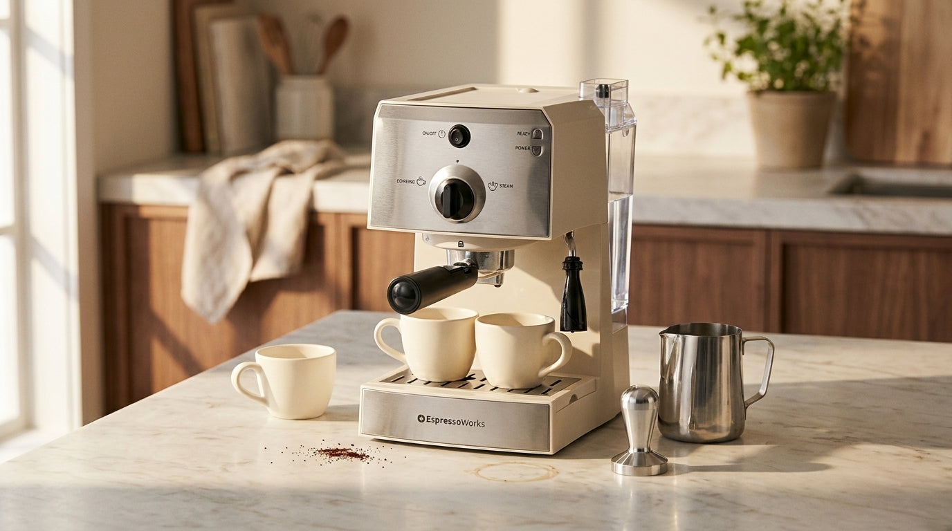 A complete home espresso starter set on a light marble counter, with portafilter, tamper, frothing pitcher and two ceramic cups arranged around a compact stainless espresso machine.