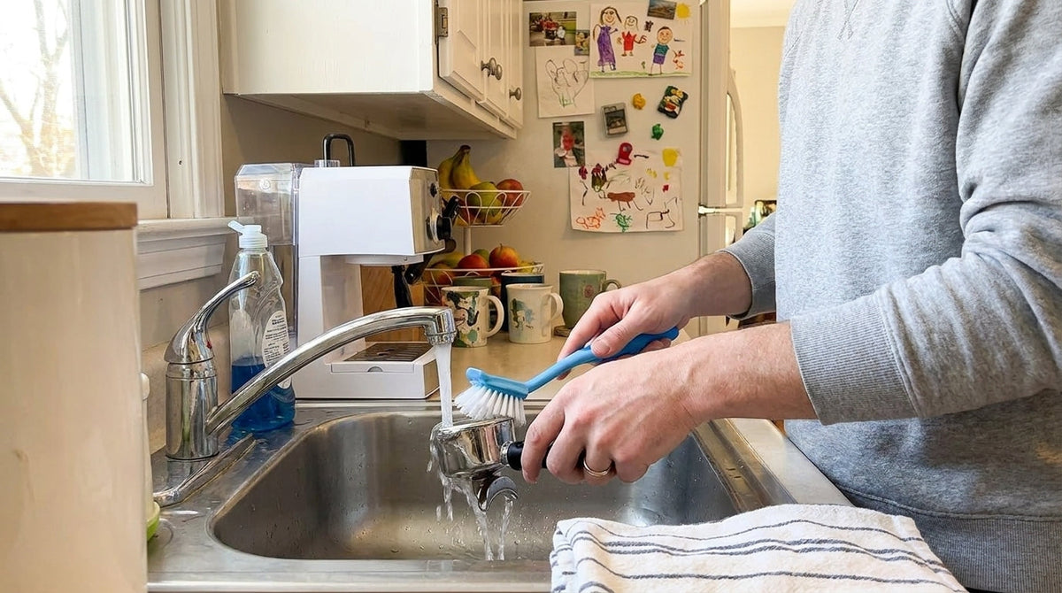 A portafilter being scrubbed with a brush under running water at an everyday kitchen sink.