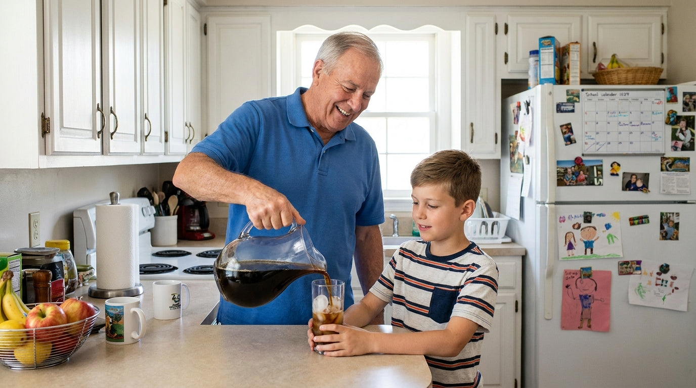 A grandfather pouring homemade cold brew over ice while his grandson helps at the kitchen counter.