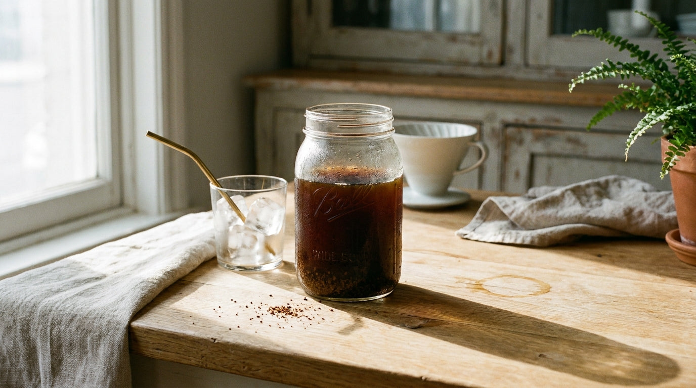 A tall mason jar of cold brew coffee on a light wood counter with coarse coffee grounds settled at the bottom, and a serving glass of ice beside it.