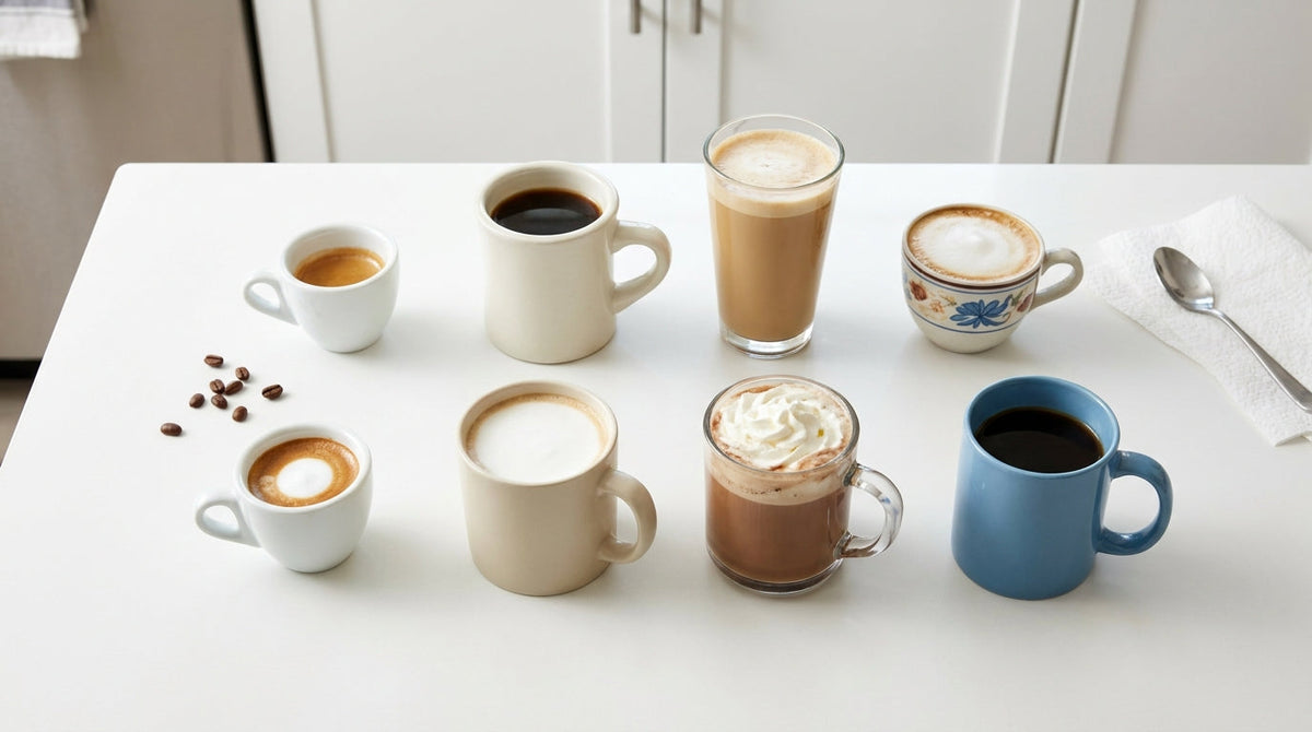 Eight kinds of coffee drinks laid out in everyday mugs and glasses on a kitchen counter, viewed from above.