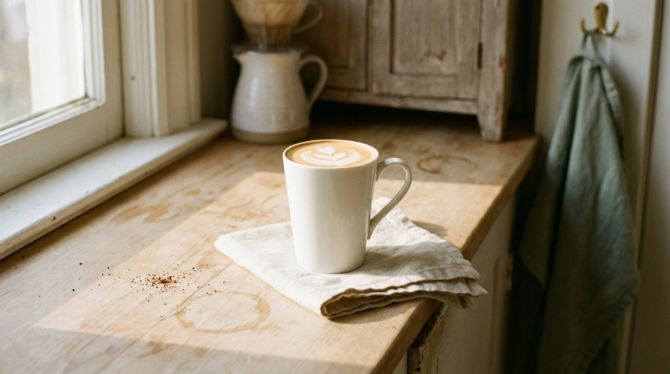 A finished latte in a tall white porcelain cup with a rosetta latte-art design, on a linen napkin in morning window light.