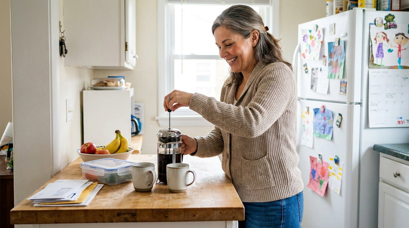 A woman pouring fresh French press coffee into two mugs at her kitchen counter on a busy weekday morning.