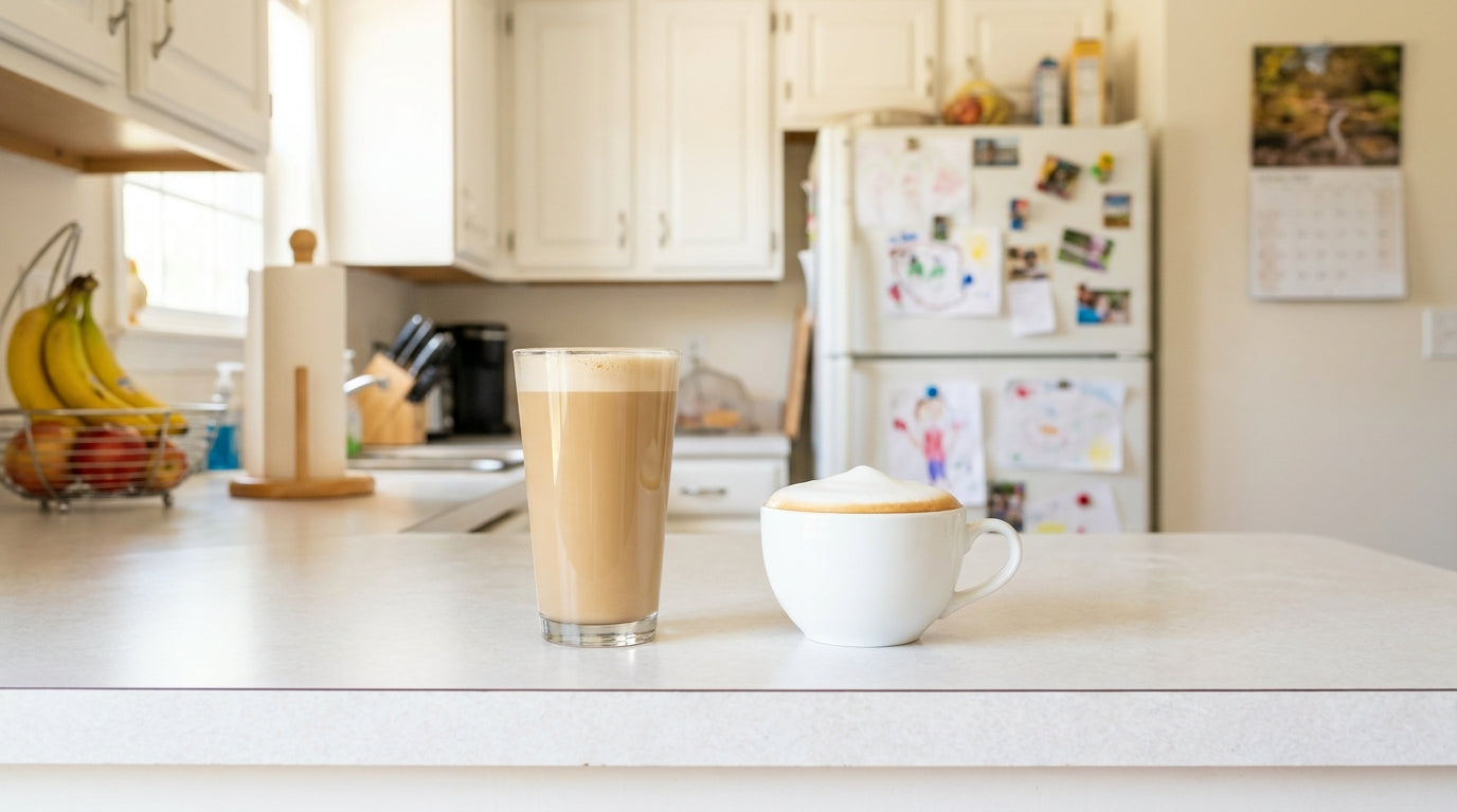 A latte in a tall glass beside a cappuccino in a small cup, side by side on an everyday kitchen counter.