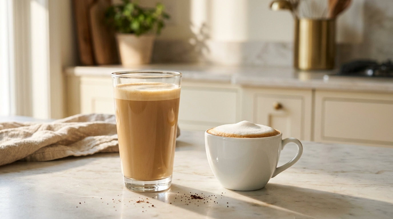 Side-by-side comparison of a latte in a tall glass with thin microfoam and a cappuccino in a small porcelain cup with a thick foam dome, on a marble counter.