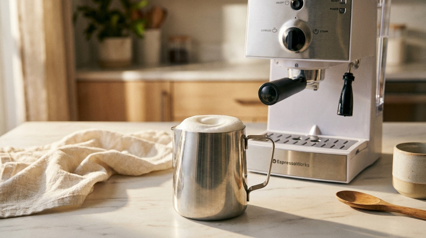A stainless steel milk pitcher with glossy microfoamed milk on a marble counter, with an espresso machine softly out of focus behind.