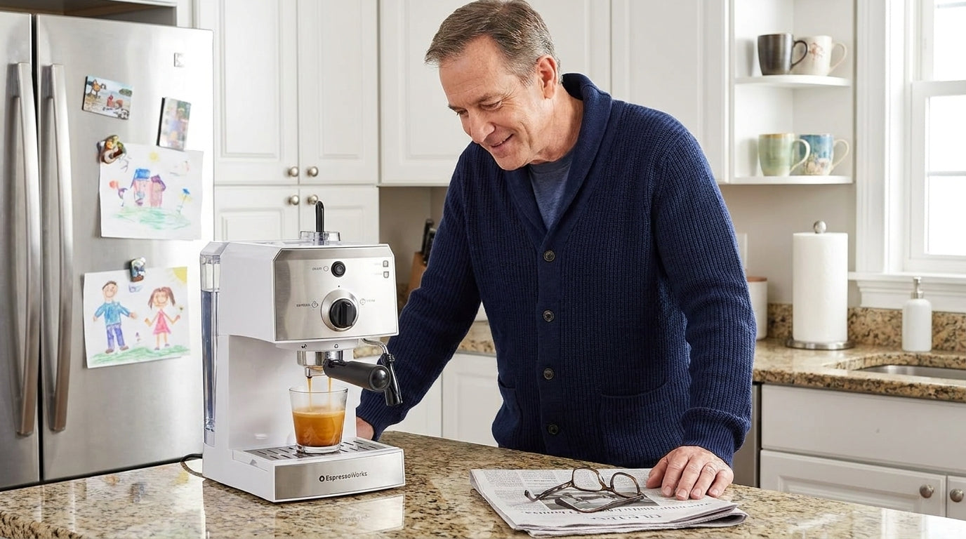 A man watching his home espresso machine pull a fresh morning shot at his everyday kitchen counter.