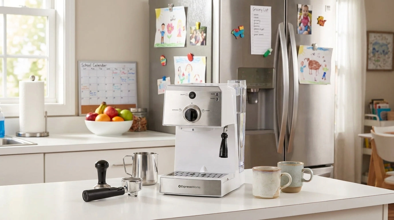 A complete home espresso starter set arranged on an everyday family kitchen counter.