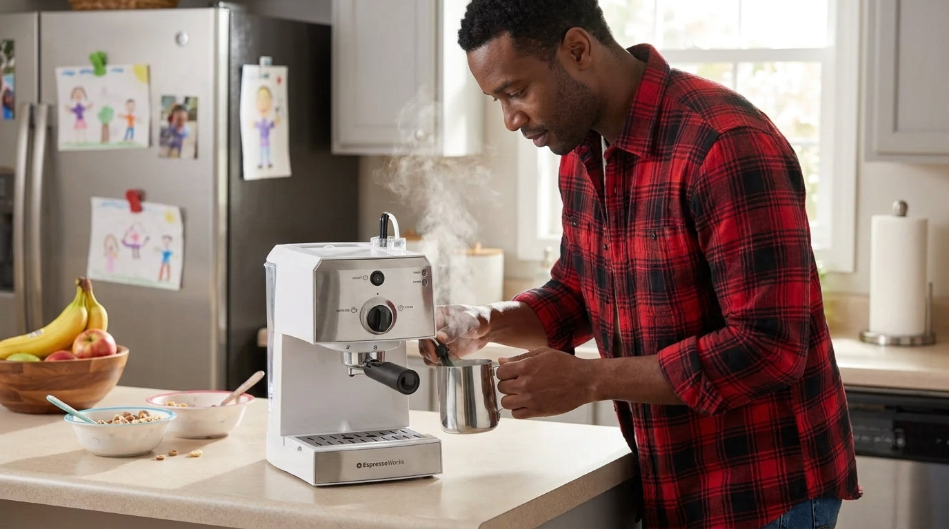A dad steaming milk with the steam wand of his home espresso machine at his family's kitchen counter.
