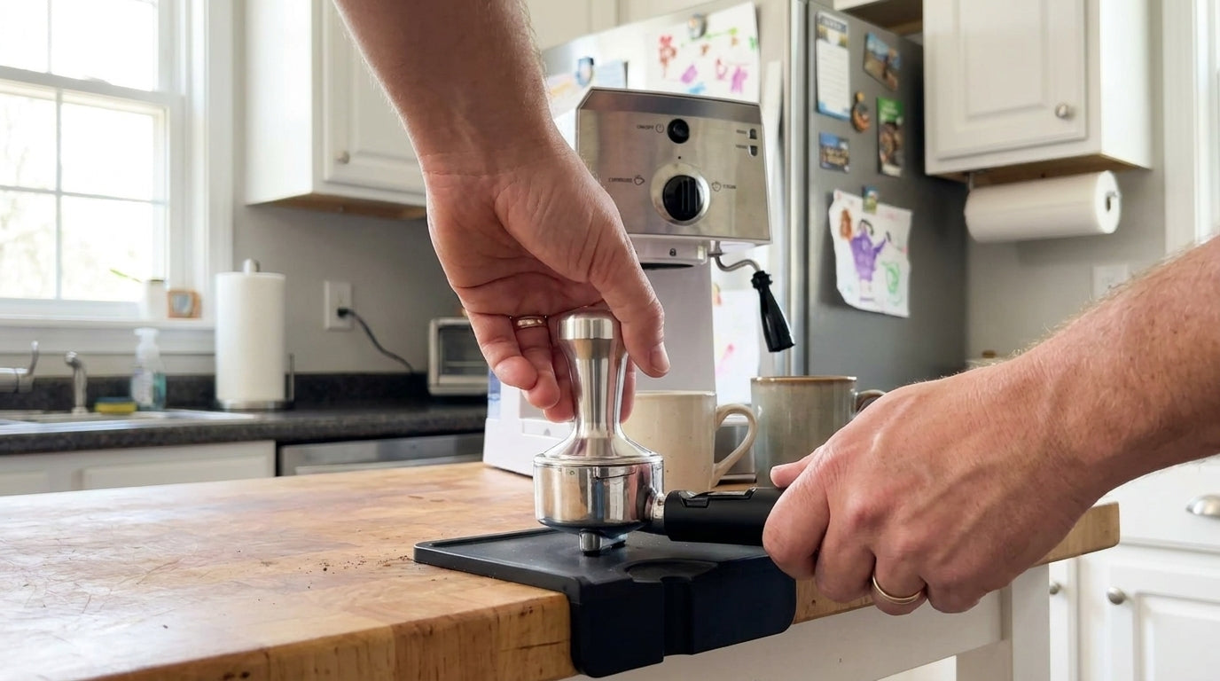 A hand tamping espresso grounds in a portafilter at an everyday kitchen counter with the espresso machine behind.