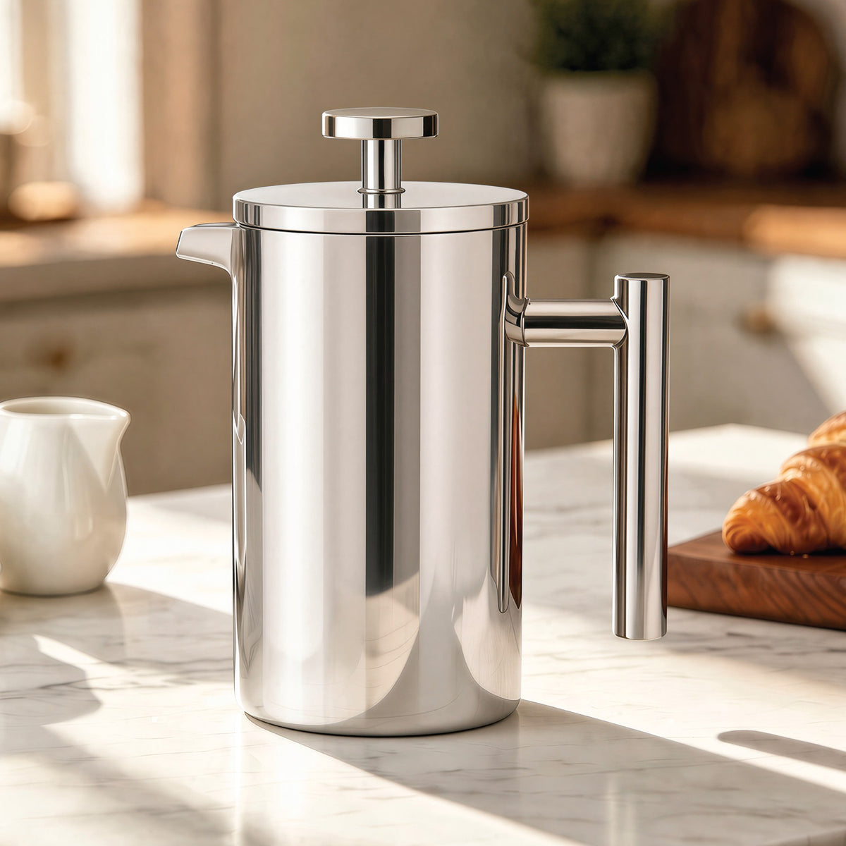 French press on a marble kitchen counter beside a milk jug and a croissant