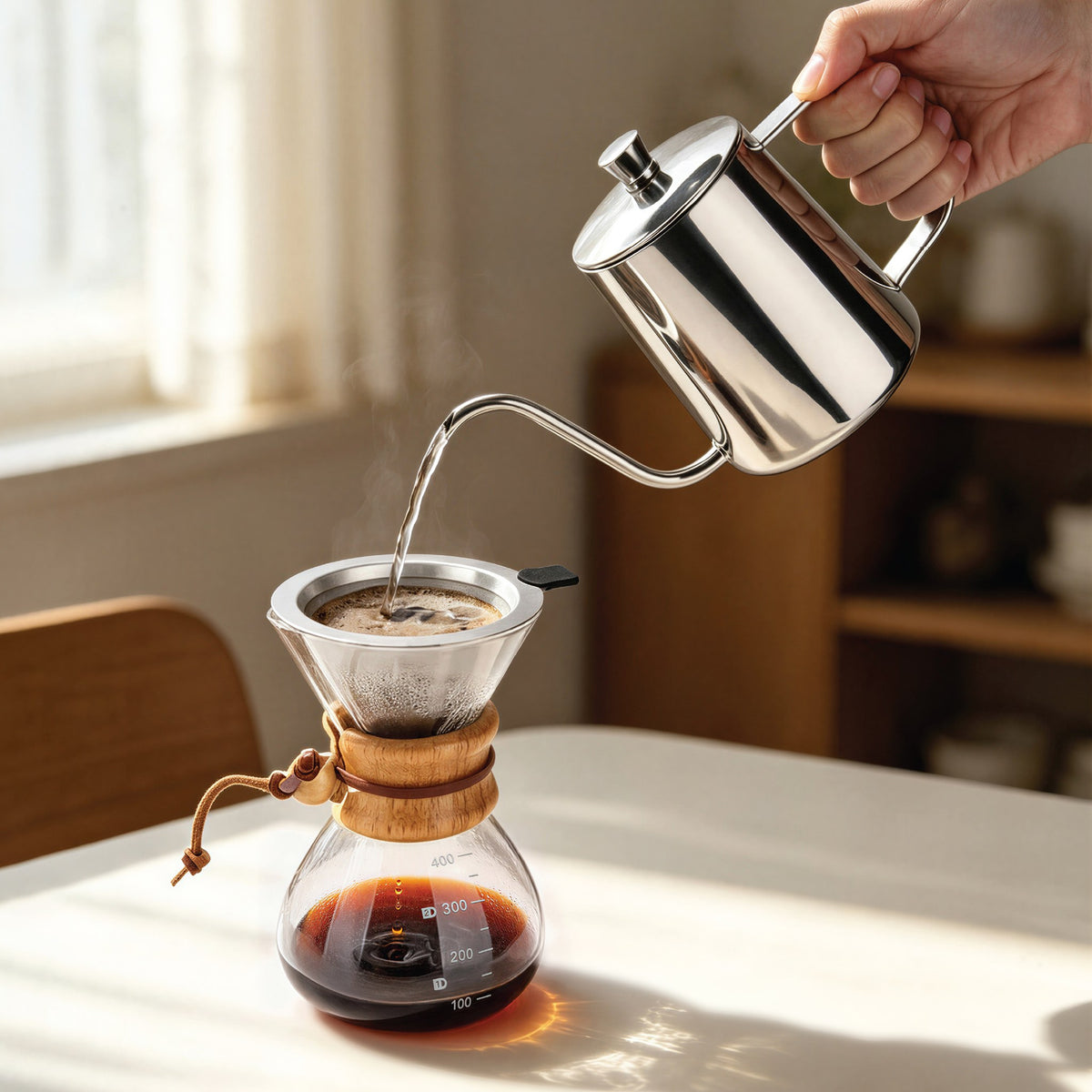Pouring from a gooseneck kettle into the 13.5 oz glass dripper and carafe set on a sunny kitchen table
