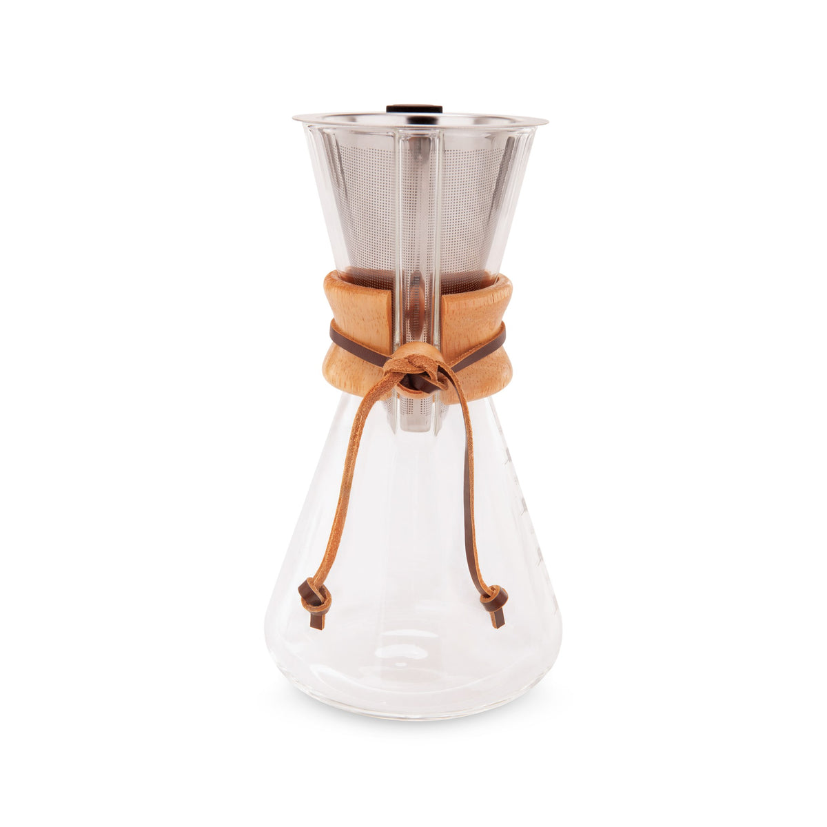 EspressoWorks 20 oz glass carafe with wooden collar, leather tie and reusable metal filter