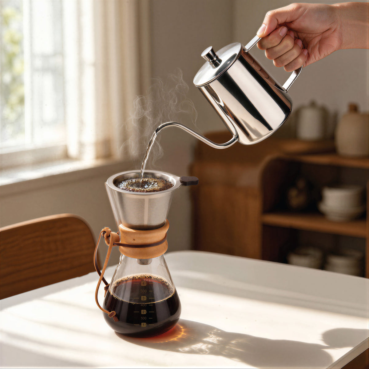 Pouring from a gooseneck kettle into the 20 oz glass dripper and carafe set on a kitchen table