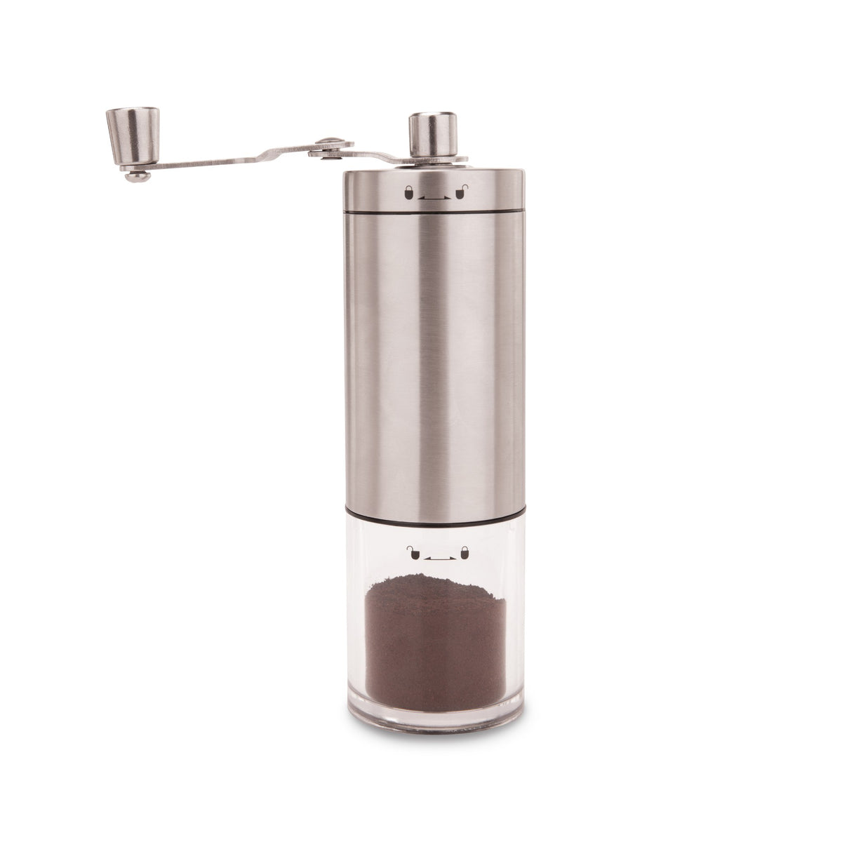 Manual burr grinder with freshly ground coffee in the clear container