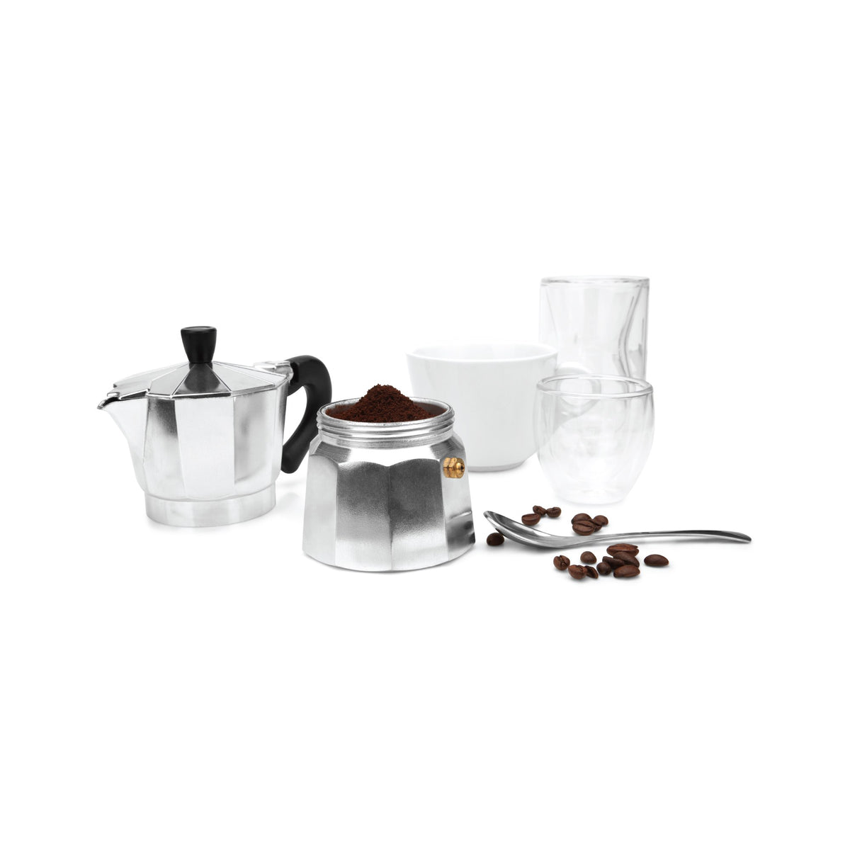 3-cup moka pot with its filter basket of ground coffee, cups and coffee beans