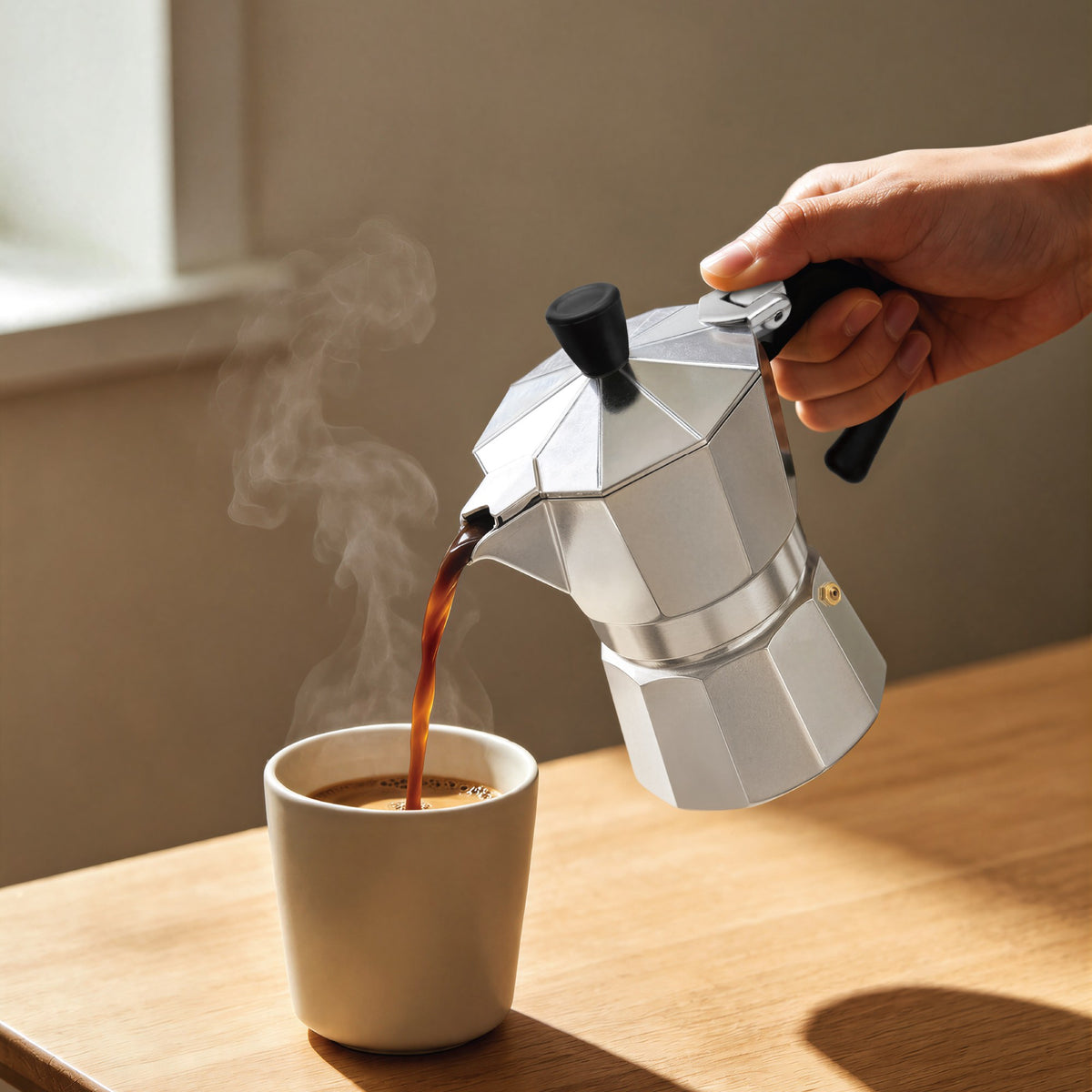 Pouring fresh coffee from the 3-cup moka pot into a mug on a sunny kitchen table