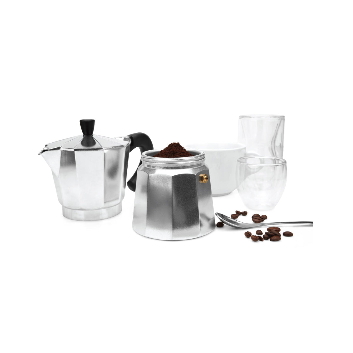 6-cup moka pot with its filter basket of ground coffee, cups and coffee beans