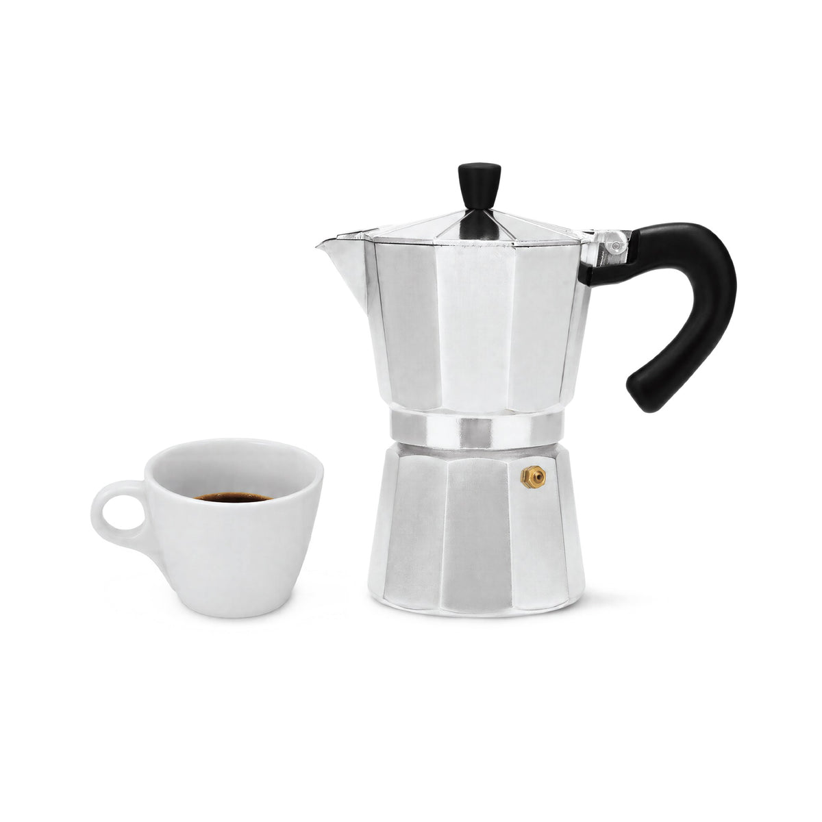 6-cup moka pot next to a cup of fresh espresso
