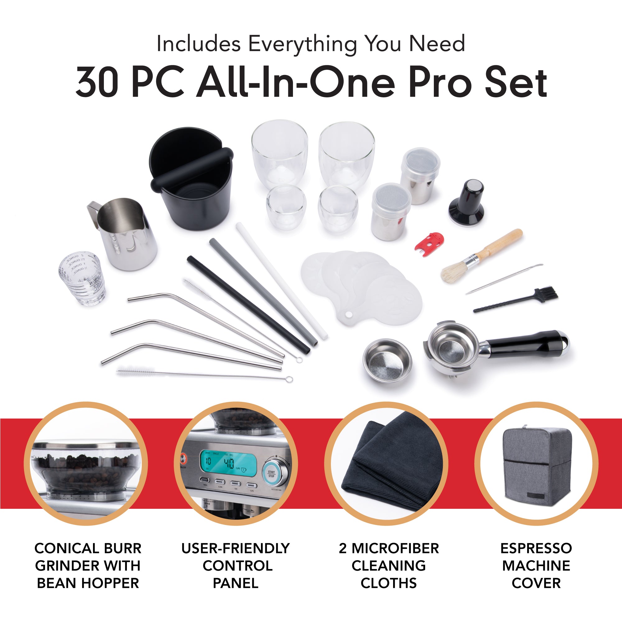 Everything included with the EspressoWorks 30-Piece Barista Pro Espresso and Cappuccino Coffee Machine with Digital Display