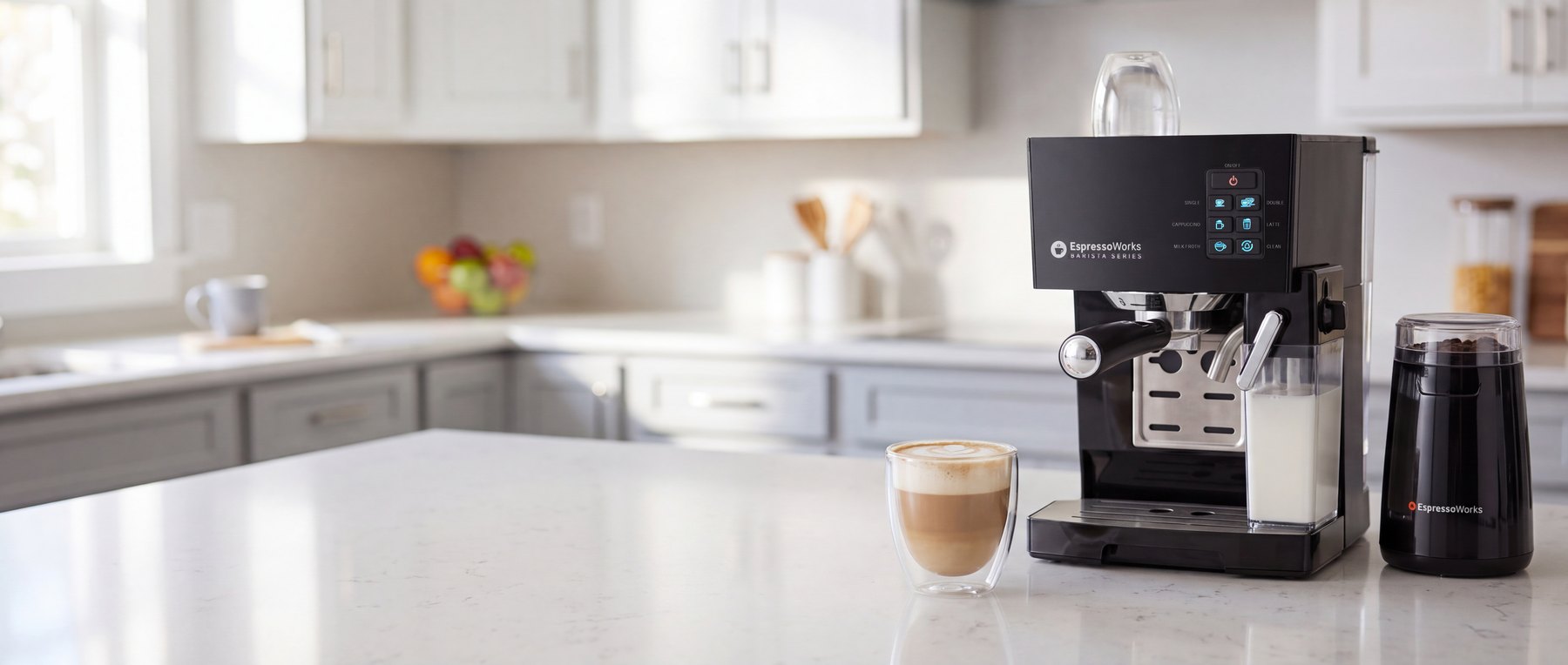 EspressoWorks 10-Piece espresso machine on a kitchen counter