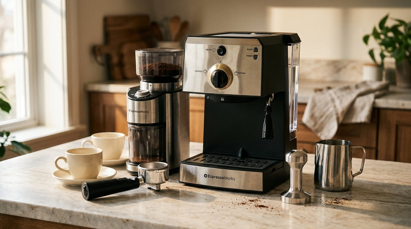 A complete home espresso starter set on a light marble counter, with a compact stainless espresso machine, grinder, portafilter, tamper, frothing pitcher and two ceramic cups.