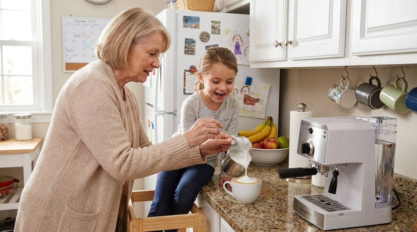 A grandmother spooning milk foam onto her cappuccino while her granddaughter watches from a step stool.