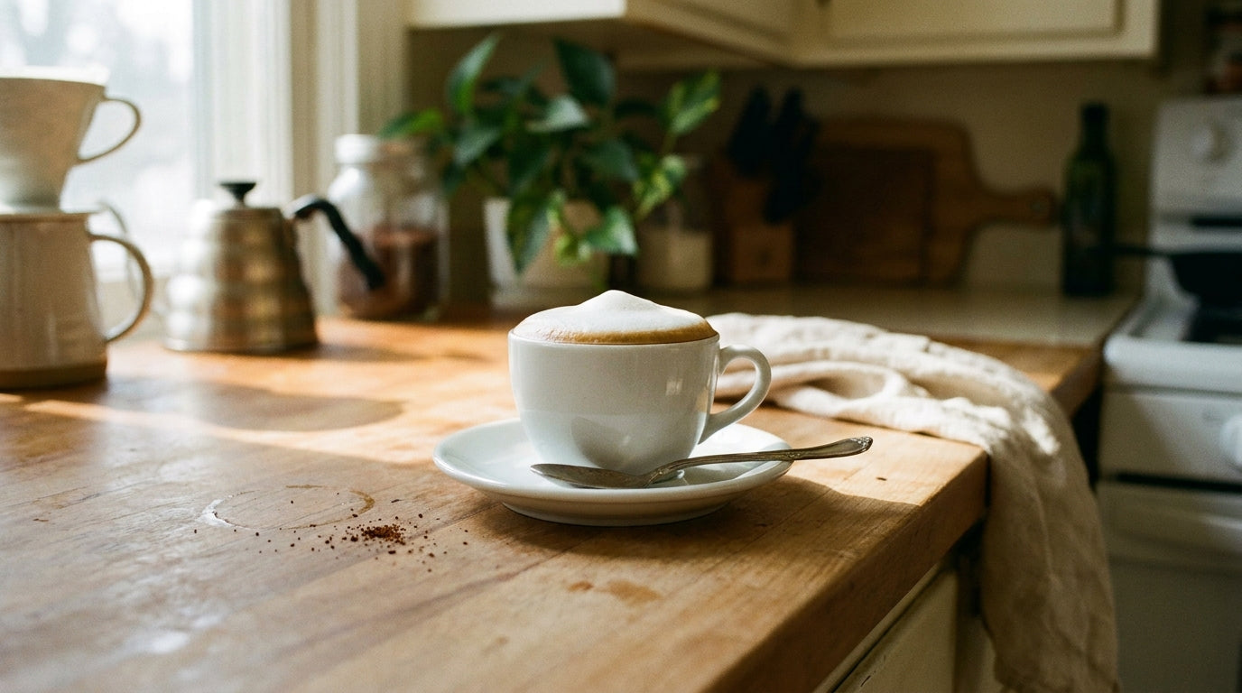 A classic cappuccino in a small white porcelain cup with a soft domed cap of microfoam, on a saucer with a small spoon.