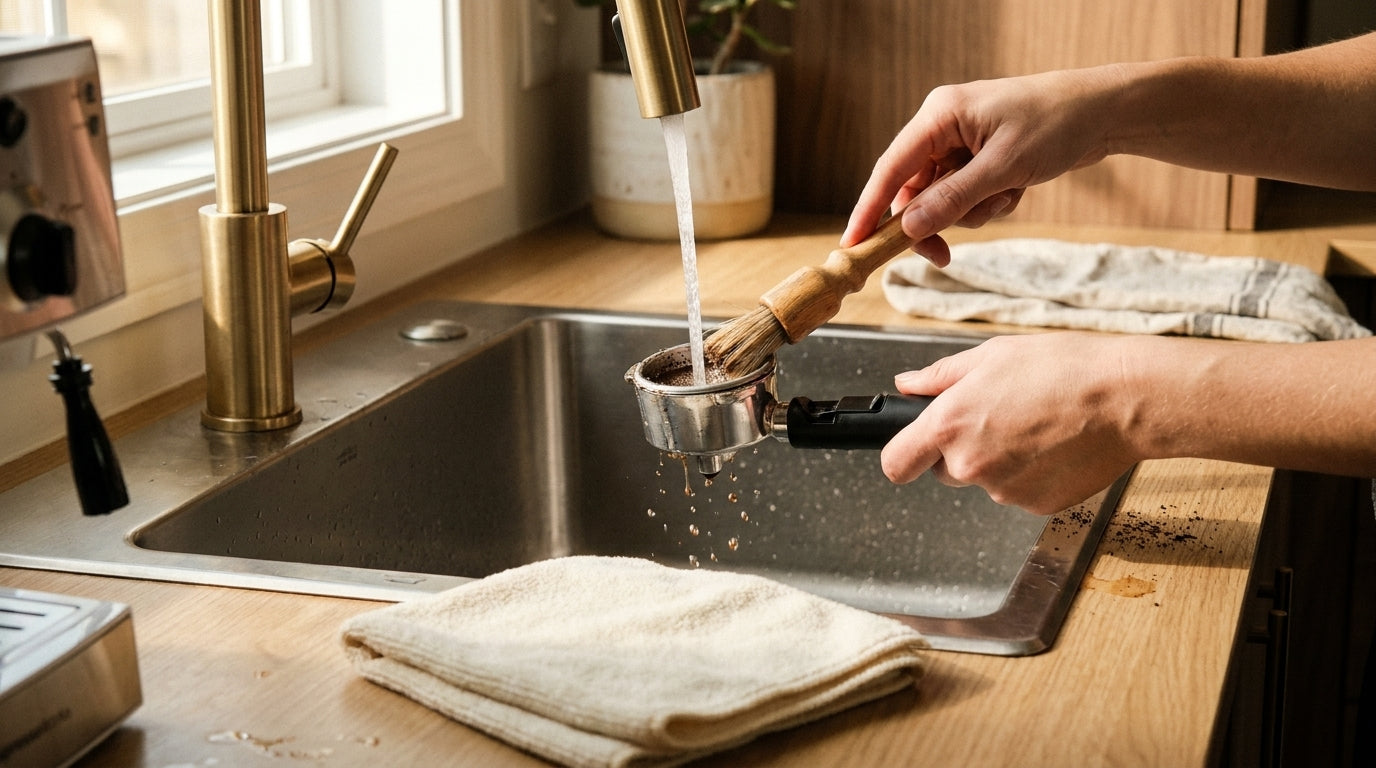 A portafilter being cleaned with a soft wooden-handled brush over a stainless sink, with a folded microfiber cloth in the foreground.