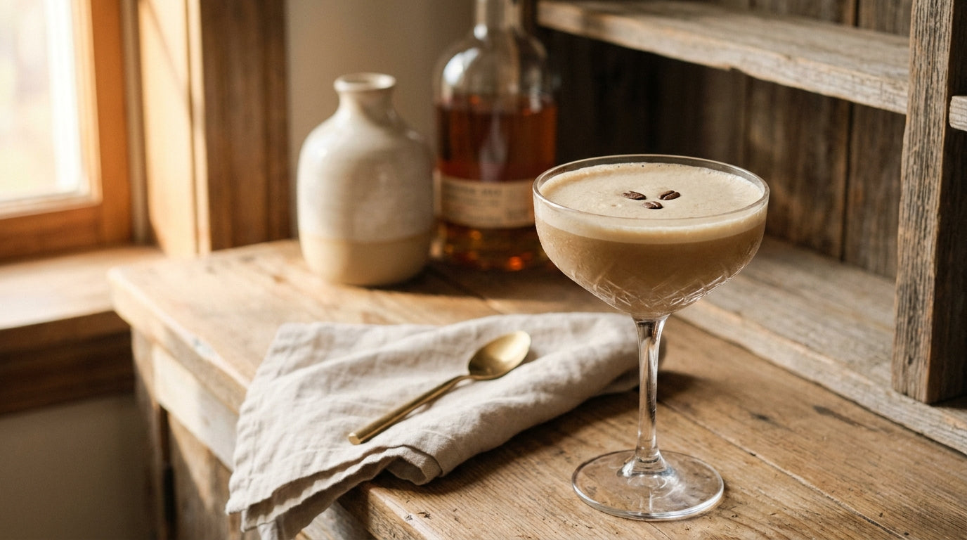 An espresso martini in a chilled coupe glass with three coffee beans floating on the foam, in warm low light.