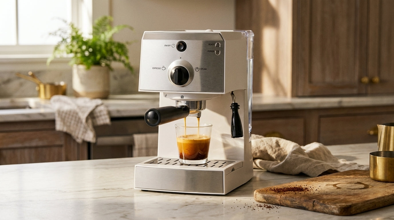 A fresh espresso shot being pulled into a clear espresso glass with thick honey-coloured crema forming on top.