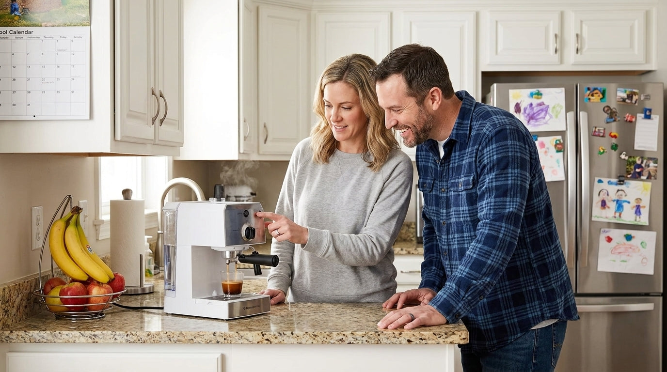 A couple pulling their first espresso shot together with their new home espresso machine at the kitchen counter.
