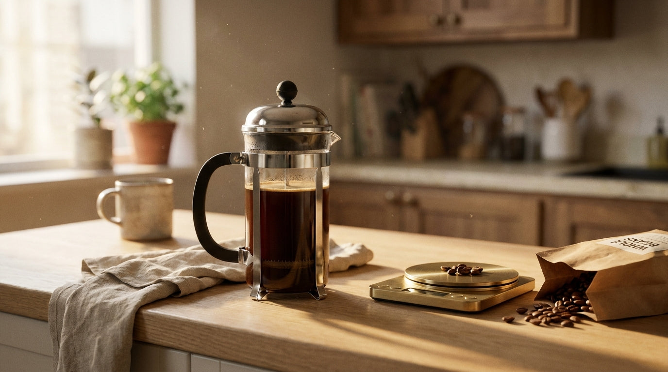 A glass French press of brewed coffee on a light wood kitchen counter, with a paper bag of whole coffee beans and a precision kitchen scale arranged beside it.