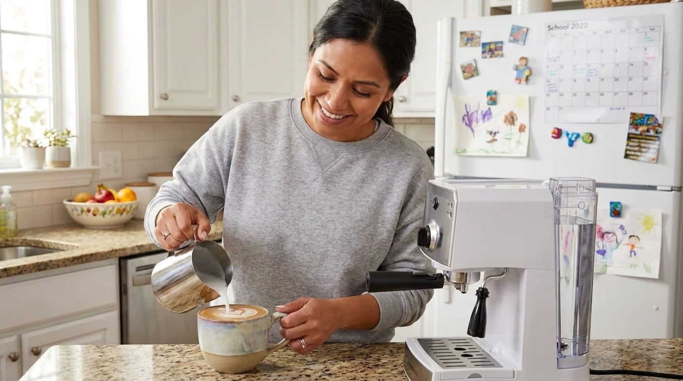 A mom finishing a homemade latte in a big everyday mug at her family's kitchen counter.