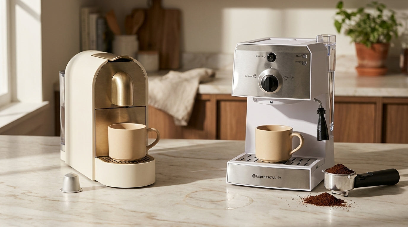 Side-by-side comparison of a capsule-style espresso machine and a traditional pump espresso machine on a marble counter, each with a matching ceramic cup.