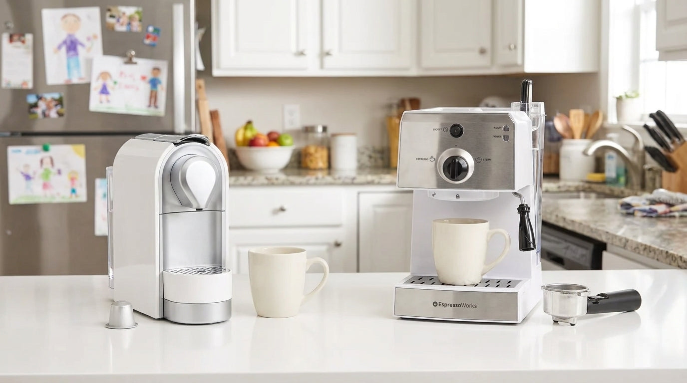 A capsule coffee machine and a traditional pump espresso machine compared side by side on an everyday kitchen counter.