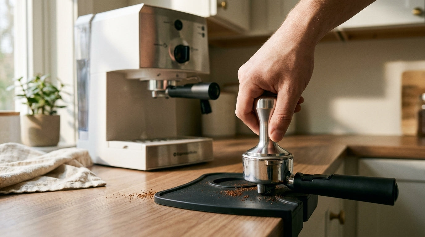 A hand pressing a polished stainless tamper into a portafilter on a tamping mat, with an espresso machine softly out of focus behind.
