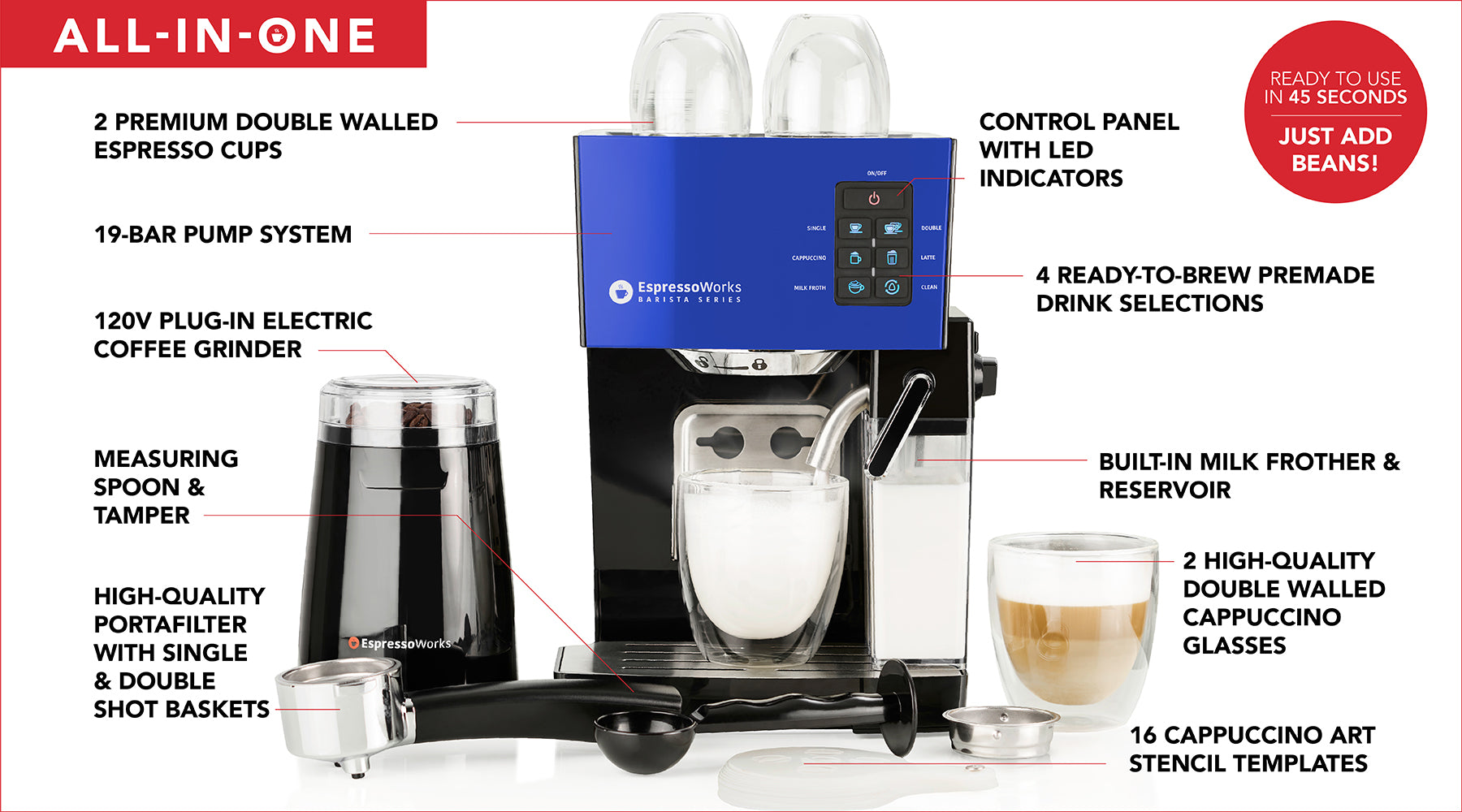 Everything included when you purchase the EspressoWorks 19-bar Espresso & Cappuccino Machine