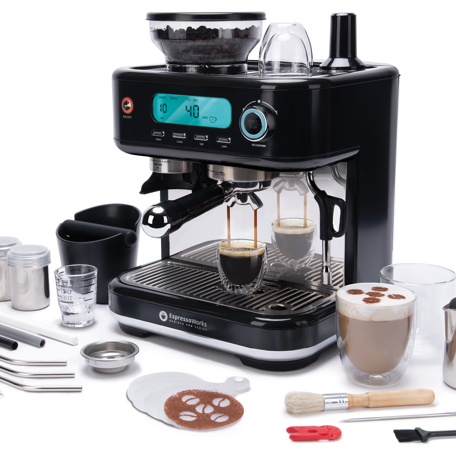 EspressoWorks All-In-One Espresso Machine with Milk Frother 7-Piece Set -  Latte Maker Includes Grinder, Frothing Pitcher, Cups, Spoon and Tamper 