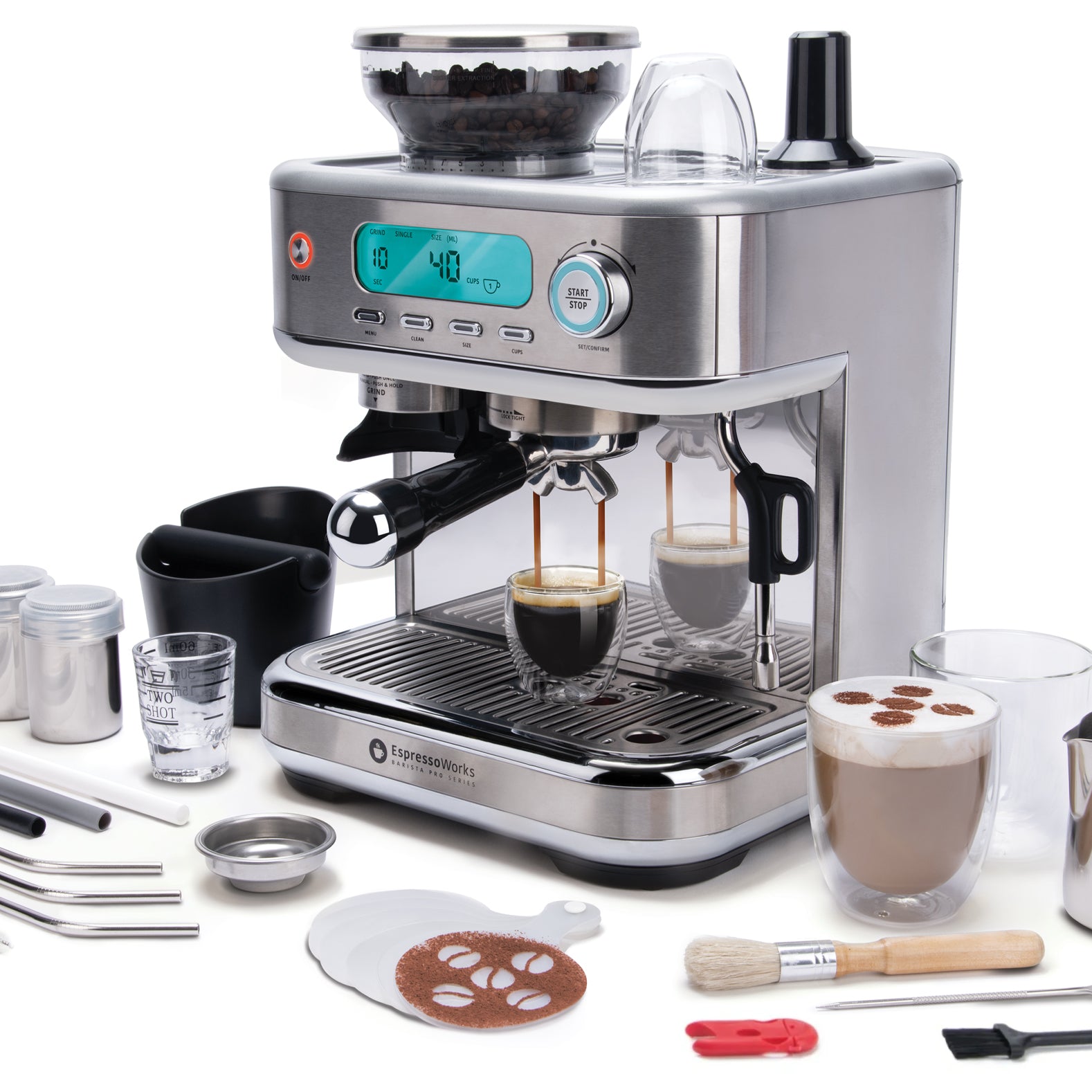 Digital Display and Built-In Coffee Bean Grinder of the EspressoWorks 30-Piece Barista Pro Espresso and Cappuccino Coffee Machine