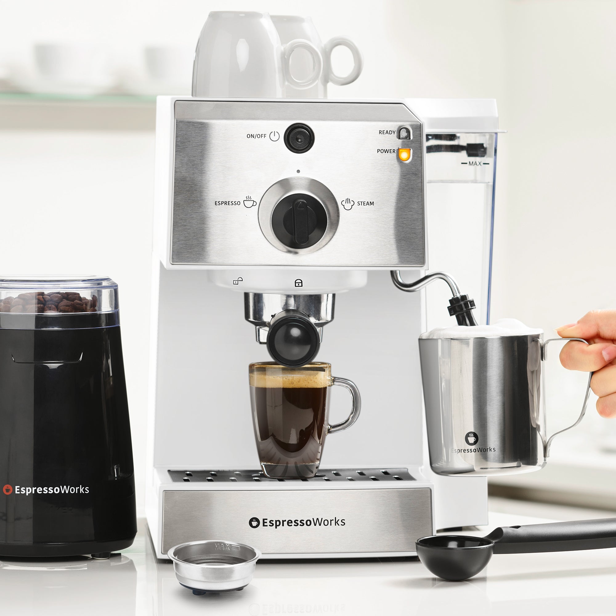 EspressoWorks Espresso Machine Latte & Cappuccino Maker- 10 PC All-in-One Espresso Maker with Milk Steamer (Incl: Coffee Bean Grinder 2 Cappuccino