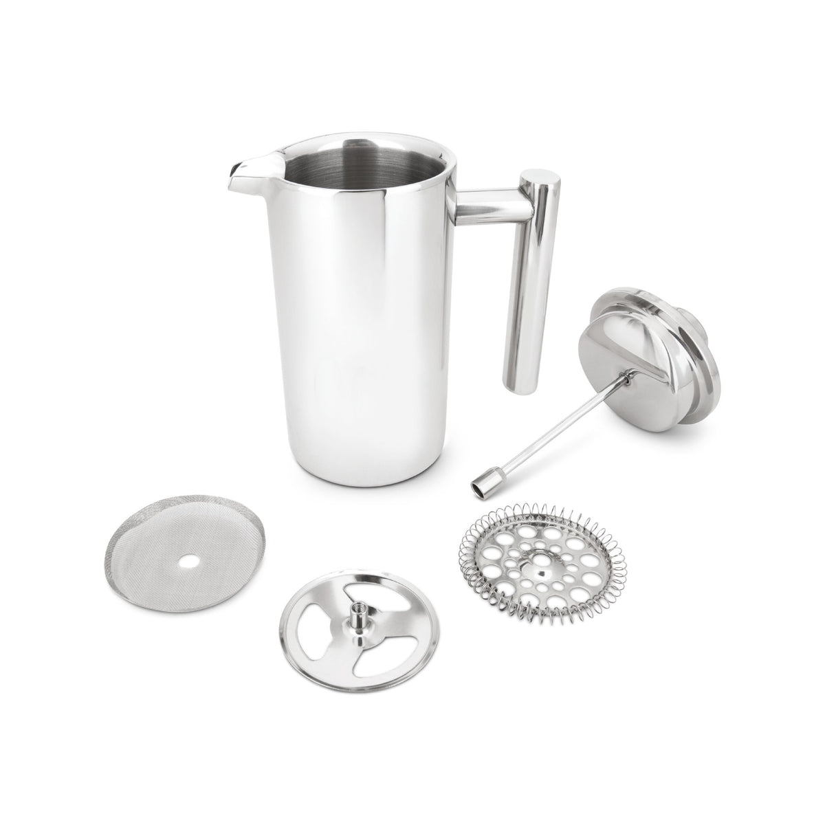 EspressoWorks mirror-finish French press with its plunger and filter screens laid out