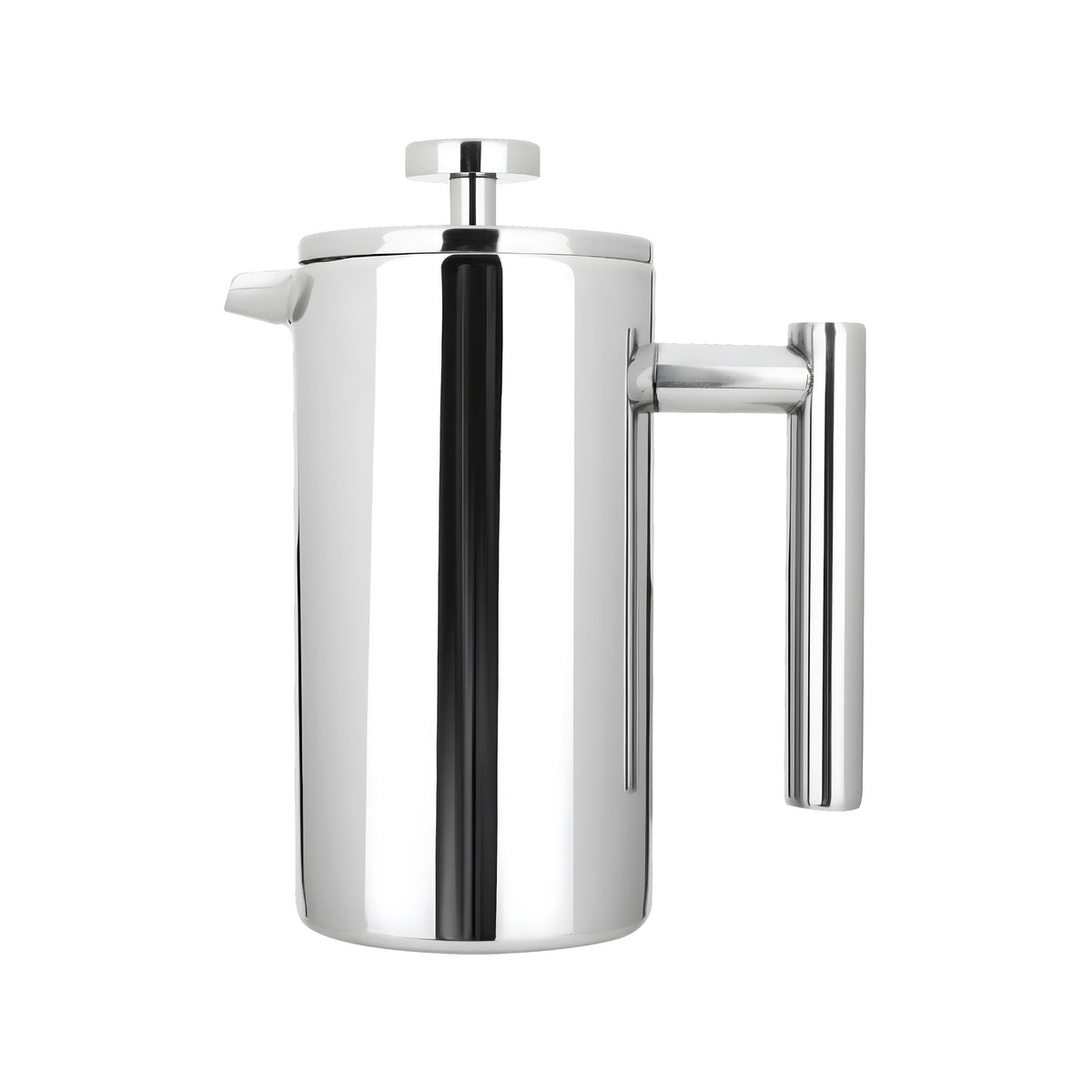 Mirror-finish French press coffee maker, side view