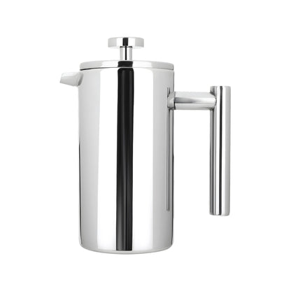 Mirror-finish French press coffee maker, side view