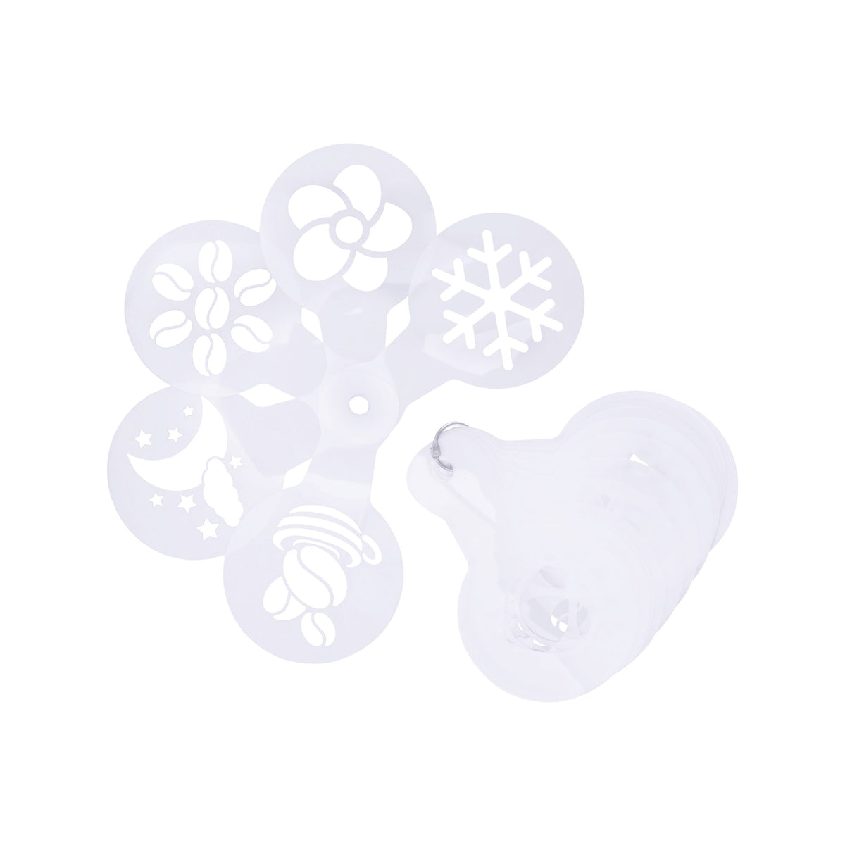 Latte art stencils fanned out on their storage ring