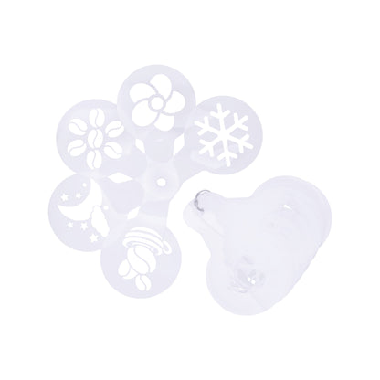 Latte art stencils fanned out on their storage ring