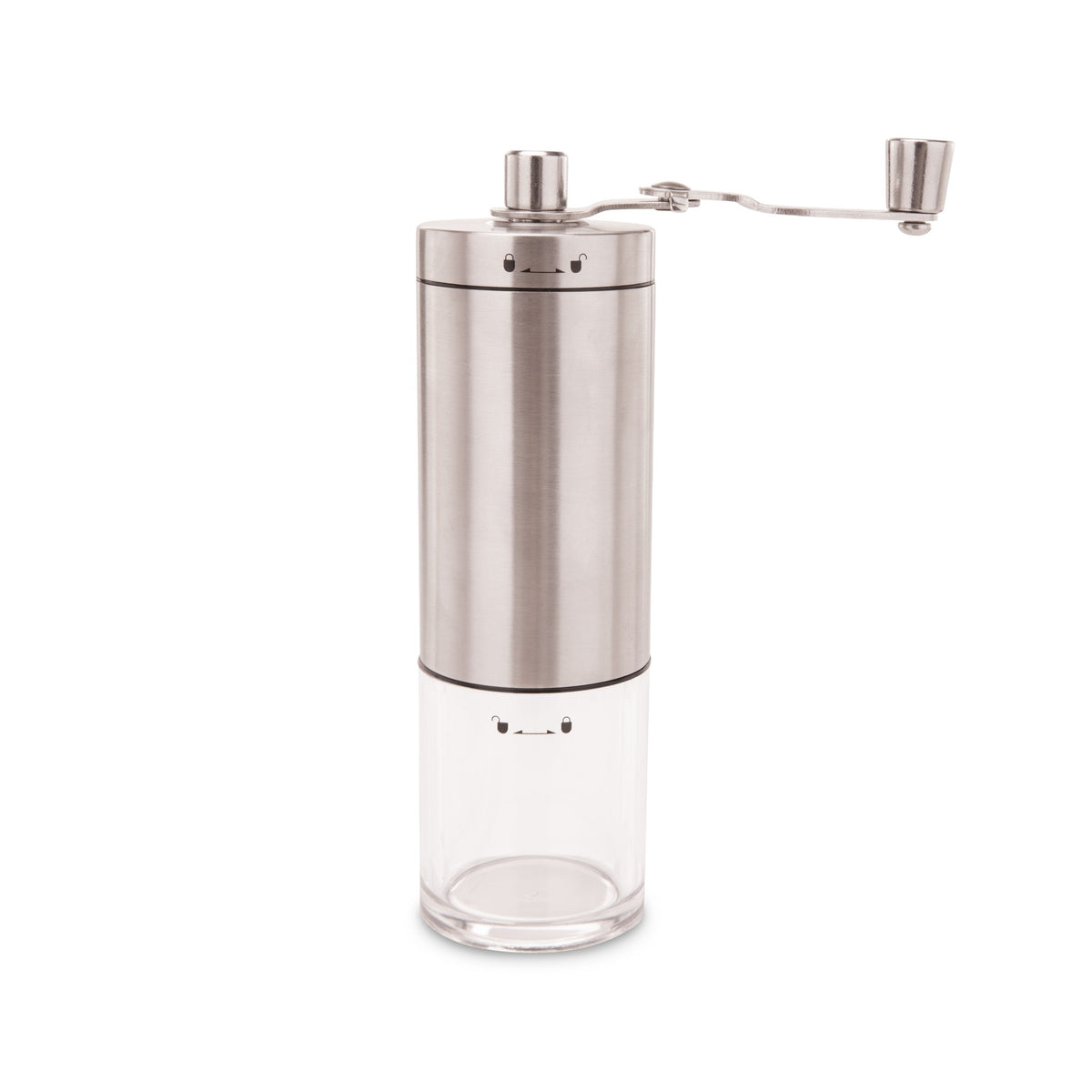 EspressoWorks manual coffee burr grinder with crank handle and clear grounds container