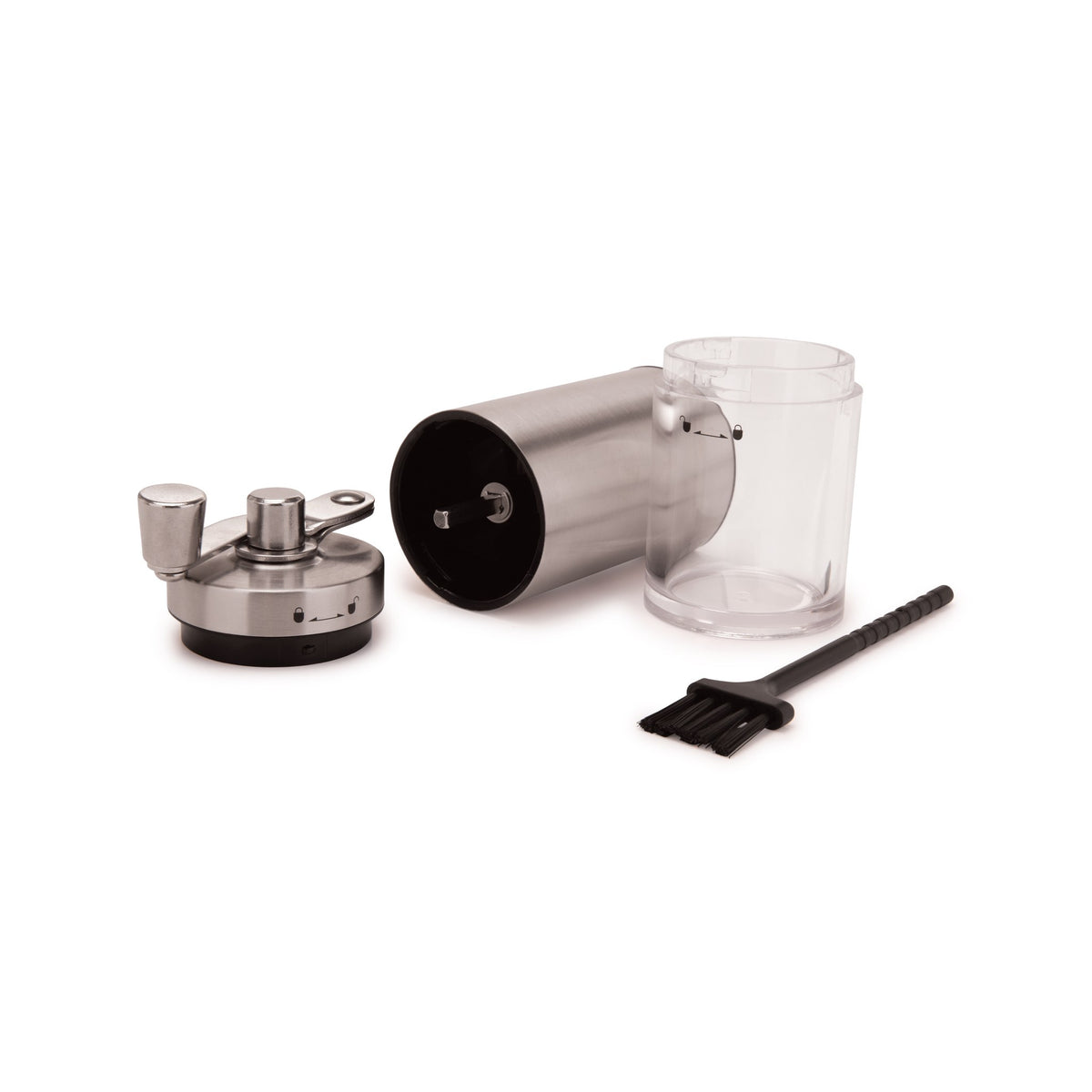 Manual burr grinder parts with the adjustment nut, grounds container and cleaning brush