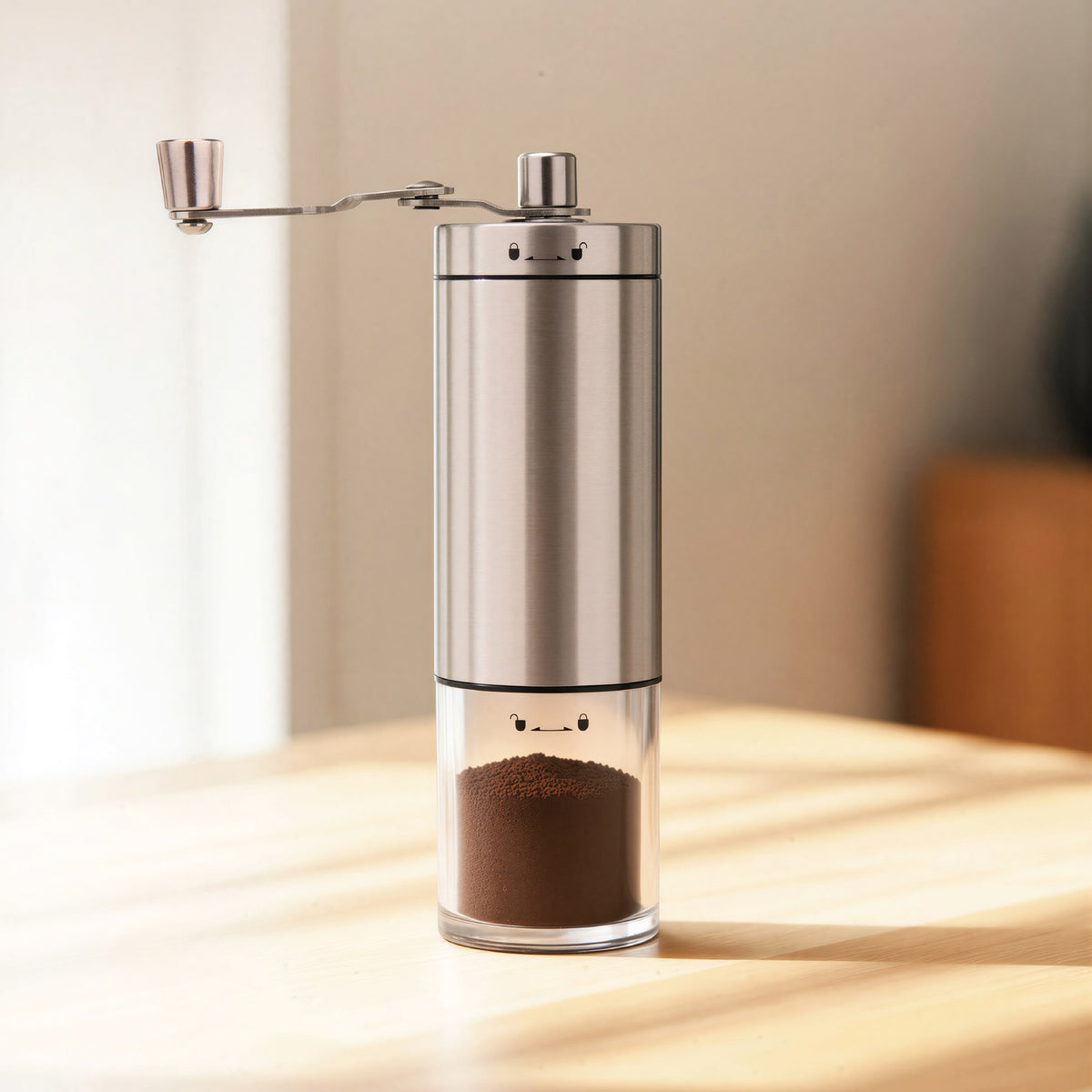 Manual burr grinder filled with fresh coffee grounds on a sunlit wooden counter