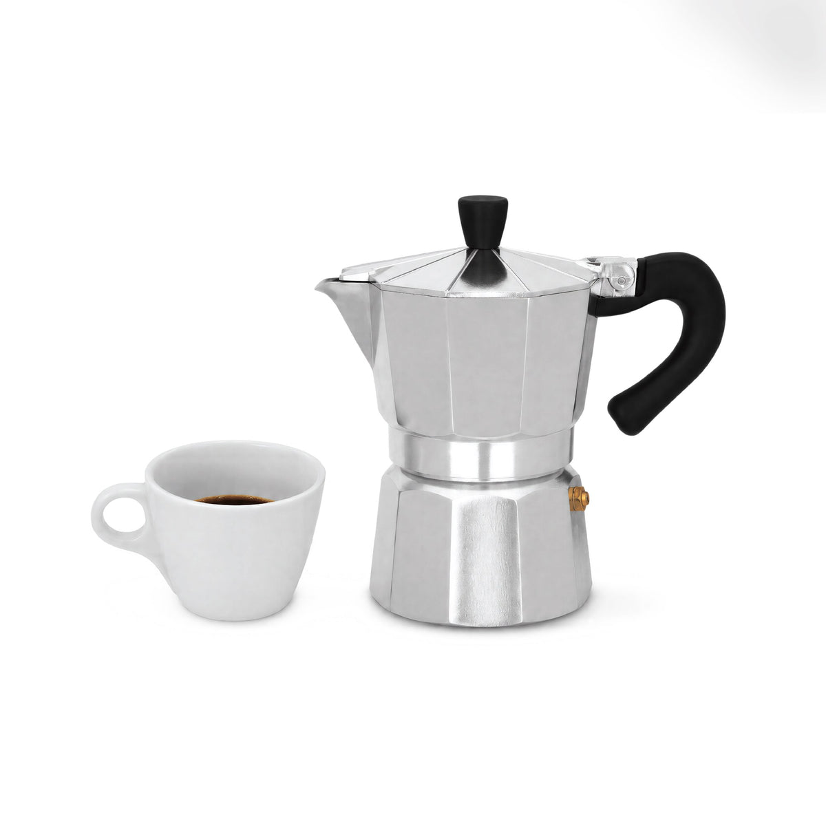 3-cup moka pot next to a cup of fresh espresso